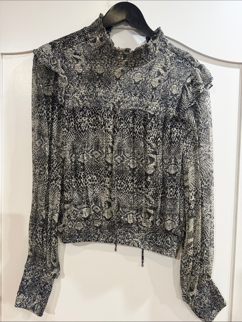 Free People Black & White Snakeskin Smocked-Neck Blouse